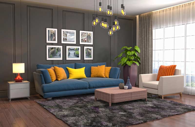 Rendering loft luxury living room with shelf near dining table